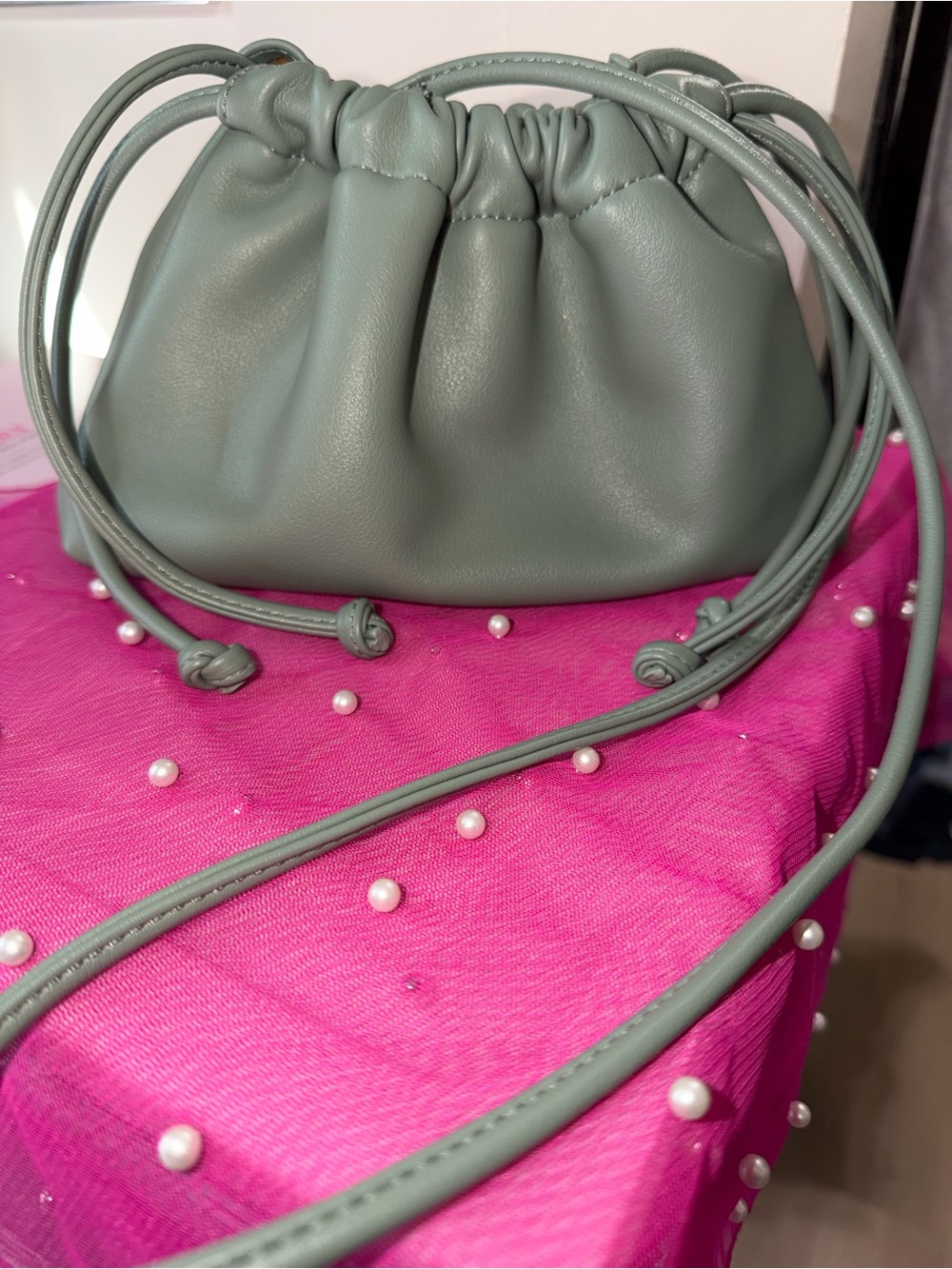 Sage Green Drawstring Mini Pouch Crossbody Bag